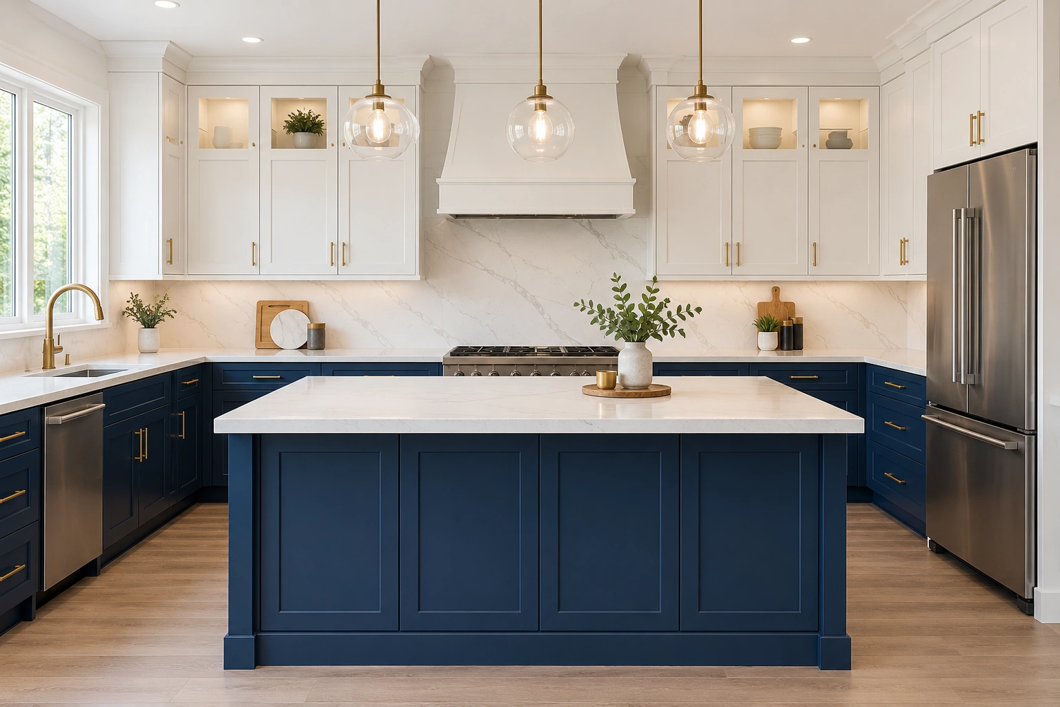 Freshly painted white and navy kitchen cabinets with a marble island by Endy Homes