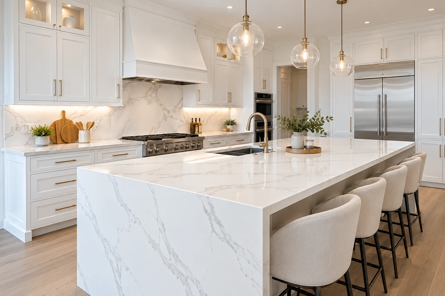 Calacatta marble waterfall island countertop in a bright modern Canadian kitchen